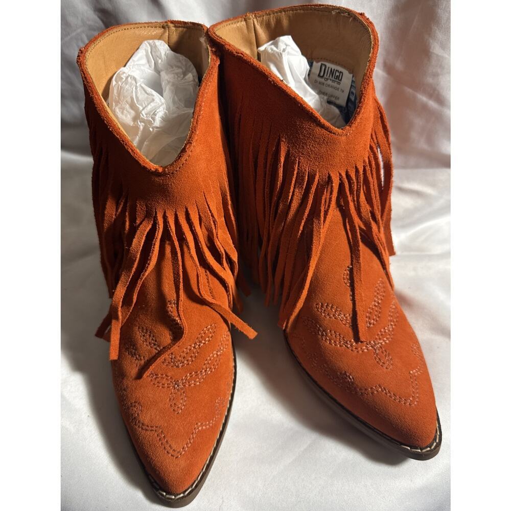 Dingo Women's Tangles Western Booties 7M Orange Suede Fringe Cowgirl NWOT